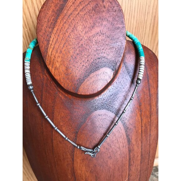 Vtg Heishi Necklace Shell Disc & Turquoise Beads With Sterling Silver - Picture 5 of 9